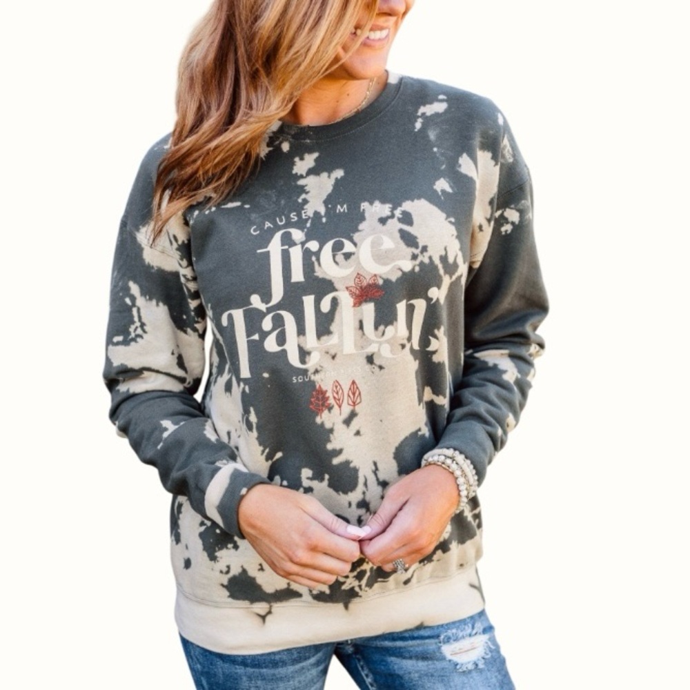 Southern Bliss SMALL Charcoal Grey Bleach Dye Pullover Sweatshirt “FREE FALLIN”